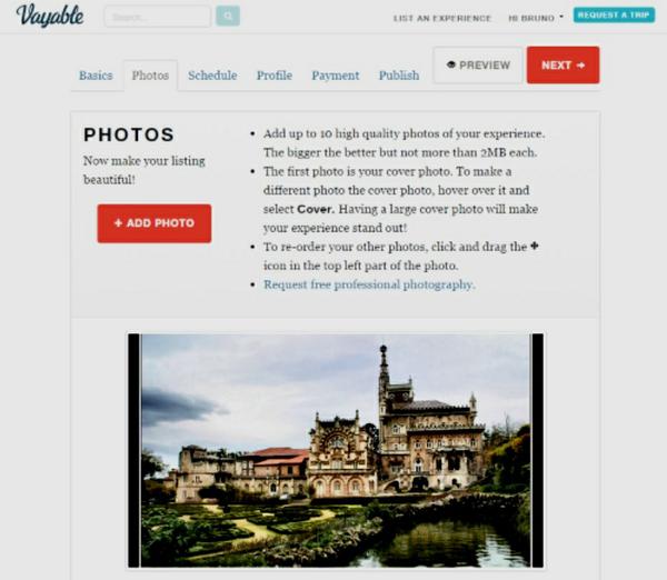 A screenshot showing photo upload page on Vayable's website.